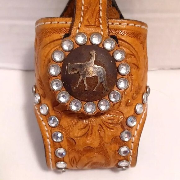 VTG Tooled Brown Tan Leather Western Cowboy Decor Flip Phone Holster Belt Clip - Picture 2 of 11